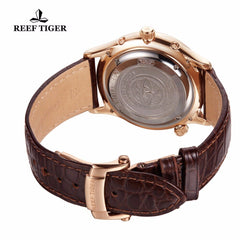 Reef Tiger/RT Mens Automatic World Time Watches with Date Day Month Rose Gold Leather Strap Watch Double Time Watch RGA1951