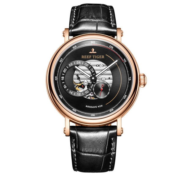 2019 Reef Tiger/RT Fashion Casual Watch Leather Strap Skeleton Automatic Watch Men Blue Designer Watches Gift for Men RGA1617