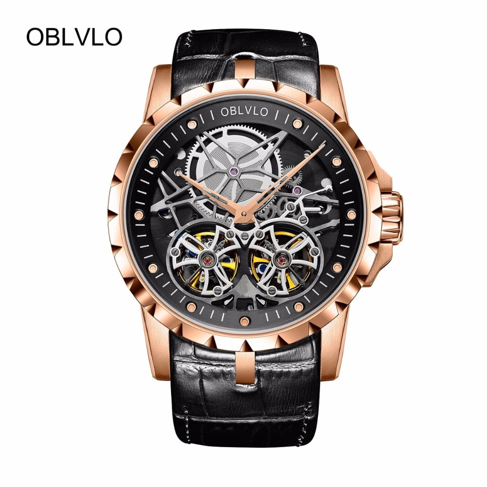 2019 New Arrival OBLVLO Luxury Rose Gold Transparent Watches Tourbillon Automatic Military Watches Men Relogio Masculino OBL3606