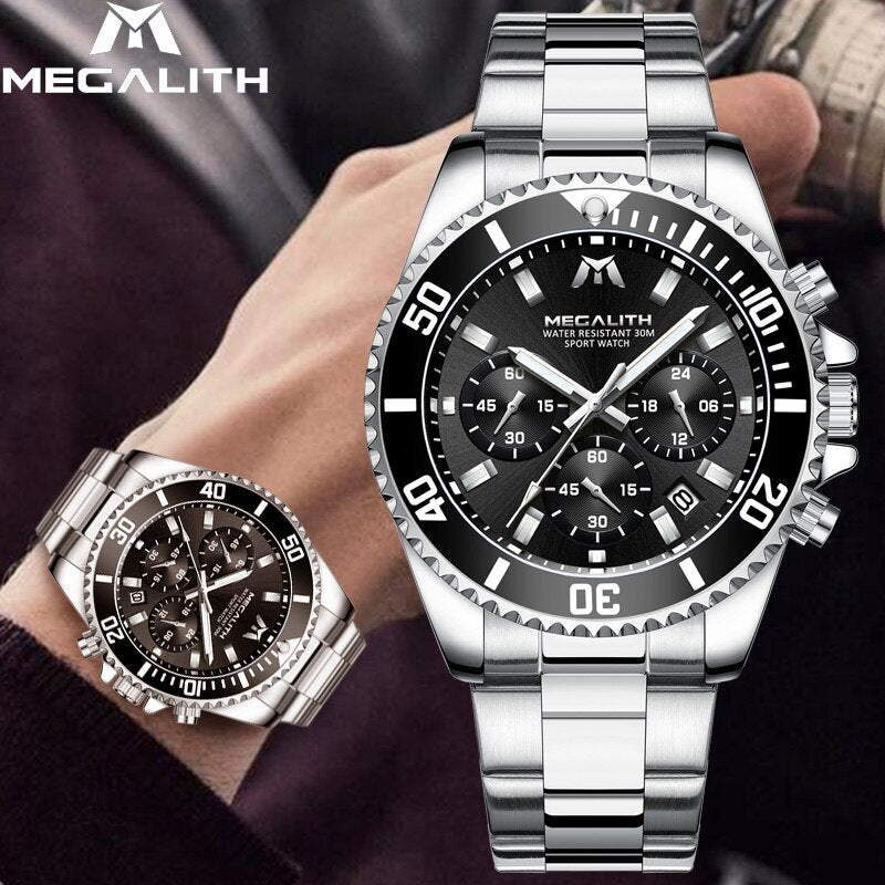 MEGALITH Fashion Mens Watches Top Brand Luxury Stainless Steel Waterproof Watch Men Clock Gents Sport Wristwatch Man Clock
