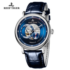2019 Reef Tiger/RT Fashion Casual Watch Leather Strap Skeleton Automatic Watch Men Blue Designer Watches Gift for Men RGA1617