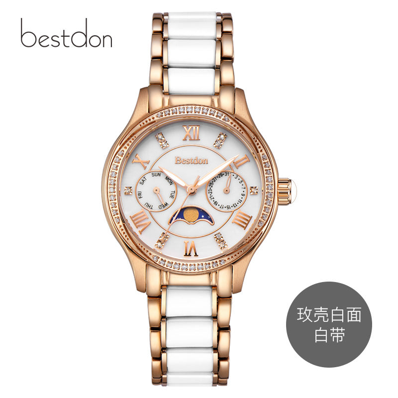 Bestdon Diamond Women Watches Top Brand Luxury Fashion Moon Phase Quartz Wrist Watch Ceramic Waterproof Clock Dropshipping 2019