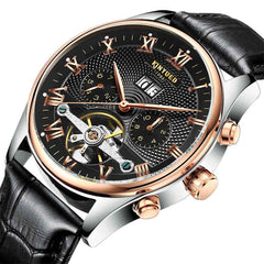 KINYUED Skeleton Tourbillon Mechanical Watch Men Automatic Classic Rose Gold Leather Mechanical Wrist Watches Reloj Hombre 2019