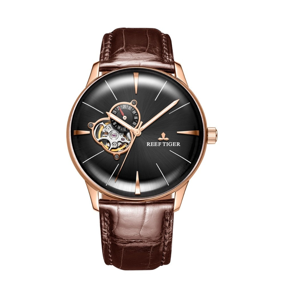 New Reef Tiger/RT Luxury Rose Gold Watch Men's Automatic Mechanical Watches Tourbillon Watches with Brown Leather Strap RGA8239