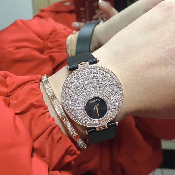 luxury top brand Double sided turning Dial Black Genuine Leather bracelet 5A zircon round Dial Quartz Wrist women watch