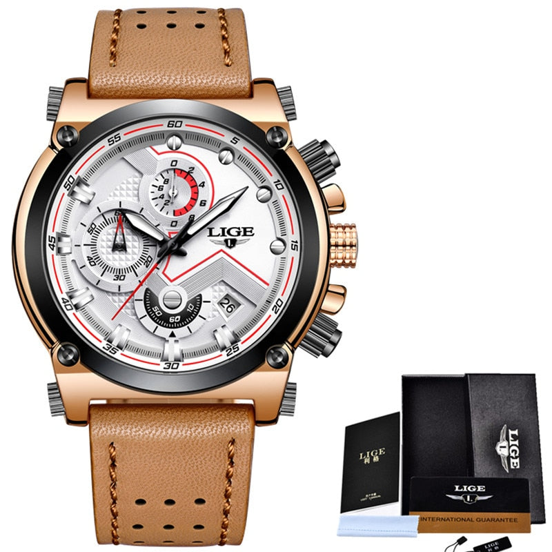 LIGE Fashion Mens Watches Top Brand Luxury Casual Sport Quartz Watch Men Leather Waterproof Military Wristwatch Relogio Masculio