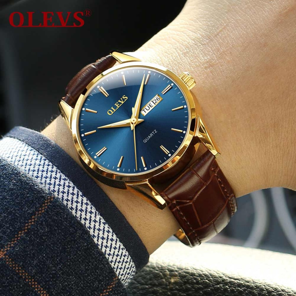 Mens Watches Top Brand Luxury OLEVS Fashion Watch Men Leather Quartz Watch For Male Auto Date Rose Gold Shell relogio masculino