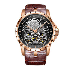 2019 OBLVLO Mens Military Watches Automatic Watches Waterproof Rose Gold Skeleton Watch Brown Leather Strap Montre Homme OBL3606