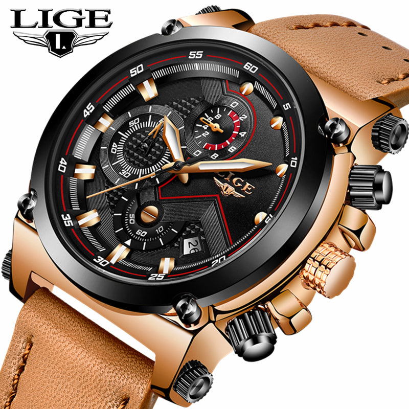 LIGE Fashion Mens Watches Top Brand Luxury Casual Sport Quartz Watch Men Leather Waterproof Military Wristwatch Relogio Masculio