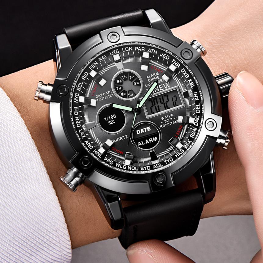 Business Men Watch Top Luxury Brand Dual Movt  PU Leather Band Quarz Analog Digital LED Sport Wrist Watch relogio masculino 2019