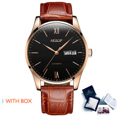 AESOP Mens Watches Top Brand Luxury Automatic Mechanical Multi-functional  Calendar waterproof Watch Brown Genuine Leather Colck