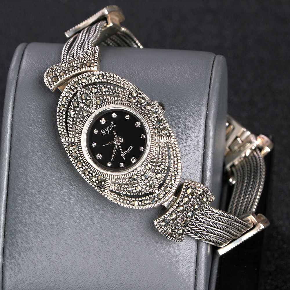 JIASHUNTAI Retro 100% 925 Sterling Silver Watch For Women Round Vintage Thai Silver Clock Female Bracelets Watch Jewelry (Watch)