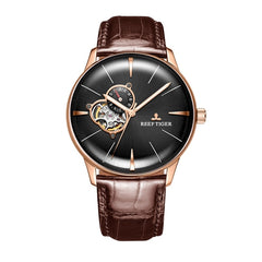 New Reef Tiger/RT Luxury Rose Gold Watch Men's Automatic Mechanical Watches Tourbillon Watches with Brown Leather Strap RGA8239