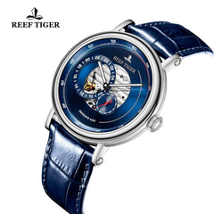 2019 Reef Tiger/RT Fashion Casual Watch Leather Strap Skeleton Automatic Watch Men Blue Designer Watches Gift for Men RGA1617