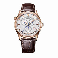 Reef Tiger/RT Mens Automatic World Time Watches with Date Day Month Rose Gold Leather Strap Watch Double Time Watch RGA1951
