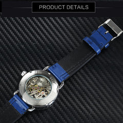 WINNER Fashion Blue Men Mechanical Watch Genuine Leather Strap Small Sub-dial Display Top Brand Luxury Hand-wind Wristwatch 2018