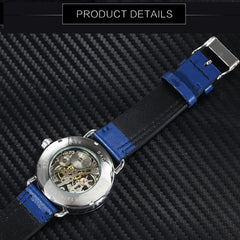WINNER Fashion Blue Men Mechanical Watch Genuine Leather Strap Small Sub-dial Display Top Brand Luxury Hand-wind Wristwatch 2018