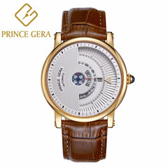 PRINCE GERA Men's Unique Dial Genuine Leather Automatic Mechanical Watch Rose Gold Ultra Thin Men's Waterproof Men's Watch es