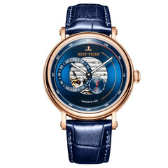 2019 Reef Tiger/RT Fashion Casual Watch Leather Strap Skeleton Automatic Watch Men Blue Designer Watches Gift for Men RGA1617