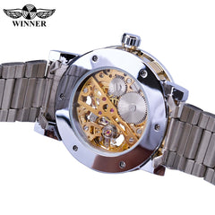 Winner Transparent Fashion Diamond Display Luminous Hands Gear Movement Retro Royal Design Men Mechanical Skeleton Wrist Watches