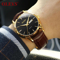 Mens Watches Top Brand Luxury OLEVS Fashion Watch Men Leather Quartz Watch For Male Auto Date Rose Gold Shell relogio masculino