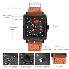 Original NAVIFORCE Men Creative Square Wrist Watch Leather Quartz Sports Watches Male Waterproof Clock Fashion Relogio Masculino