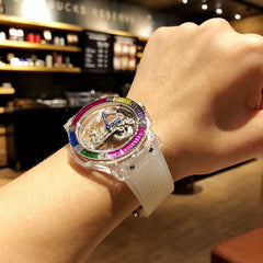 Rubber watchband Hollow-out mechanical watch Wristwatch designer round Dial Lady watch for women