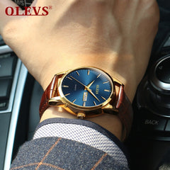 Mens Watches Top Brand Luxury OLEVS Fashion Watch Men Leather Quartz Watch For Male Auto Date Rose Gold Shell relogio masculino