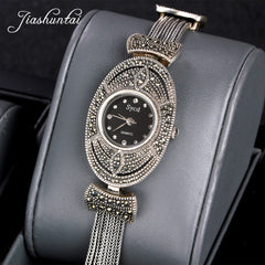 JIASHUNTAI Retro 100% 925 Sterling Silver Watch For Women Round Vintage Thai Silver Clock Female Bracelets Watch Jewelry