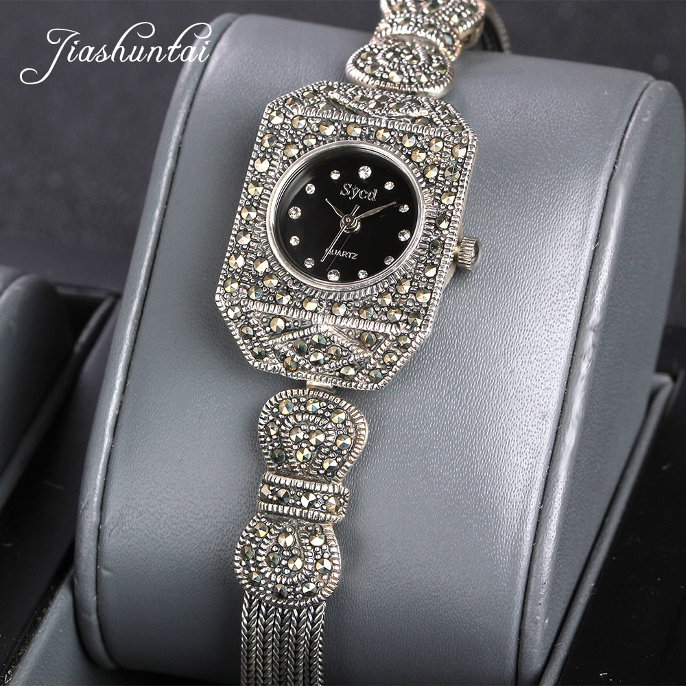 JIASHUNTAI Vintage 100% Silver 925 Watch For Women Retro 925 Sterling Silver Clock Female Bracelets Watch Jewelry