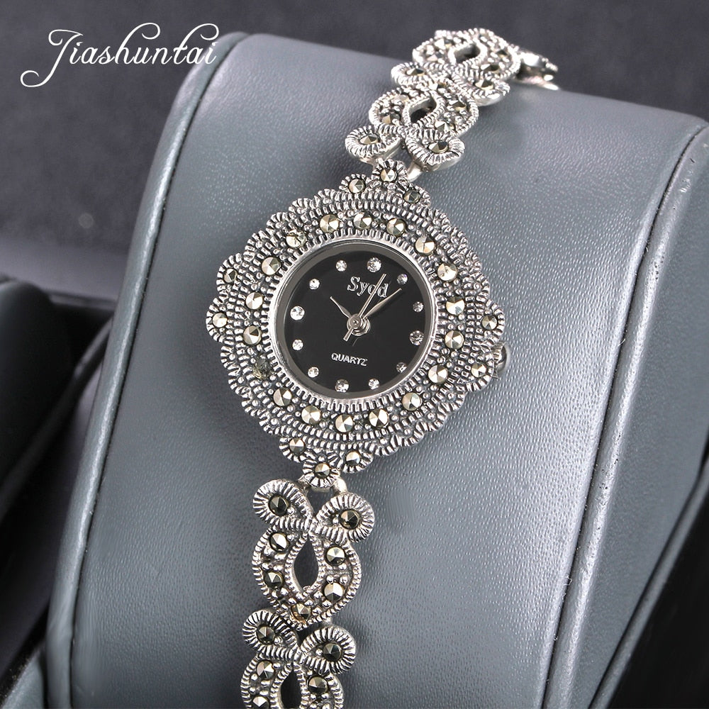 JIASHUNTAI Vintage 100% Silver 925 Watch For Women Retro 925 Sterling Silver Clock Female Fashion Bracelets Watch Jewelry