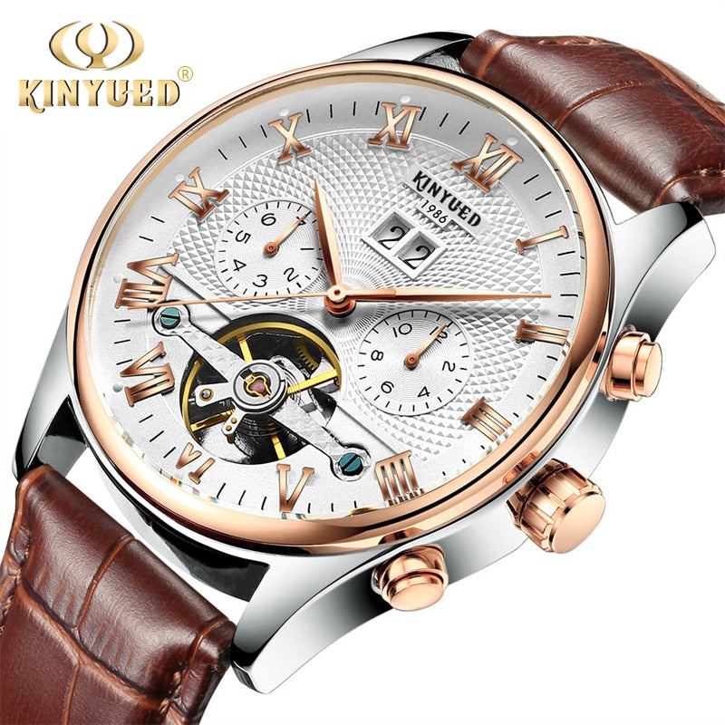 KINYUED Skeleton Tourbillon Mechanical Watch Men Automatic Classic Rose Gold Leather Mechanical Wrist Watches Reloj Hombre 2019