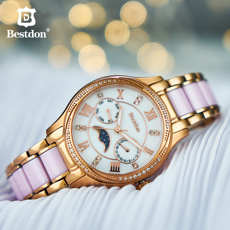 Bestdon Diamond Women Watches Top Brand Luxury Fashion Moon Phase Quartz Wrist Watch Ceramic Waterproof Clock Dropshipping 2019