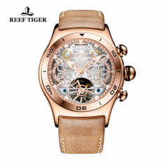 Reef Tiger Mens Sport Watches Waterproof Luxury Rose Gold Skeleton Automatic Watches Tourbillon Leather Strap Watches RGA703