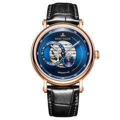 2019 Reef Tiger/RT Fashion Casual Watch Leather Strap Skeleton Automatic Watch Men Blue Designer Watches Gift for Men RGA1617