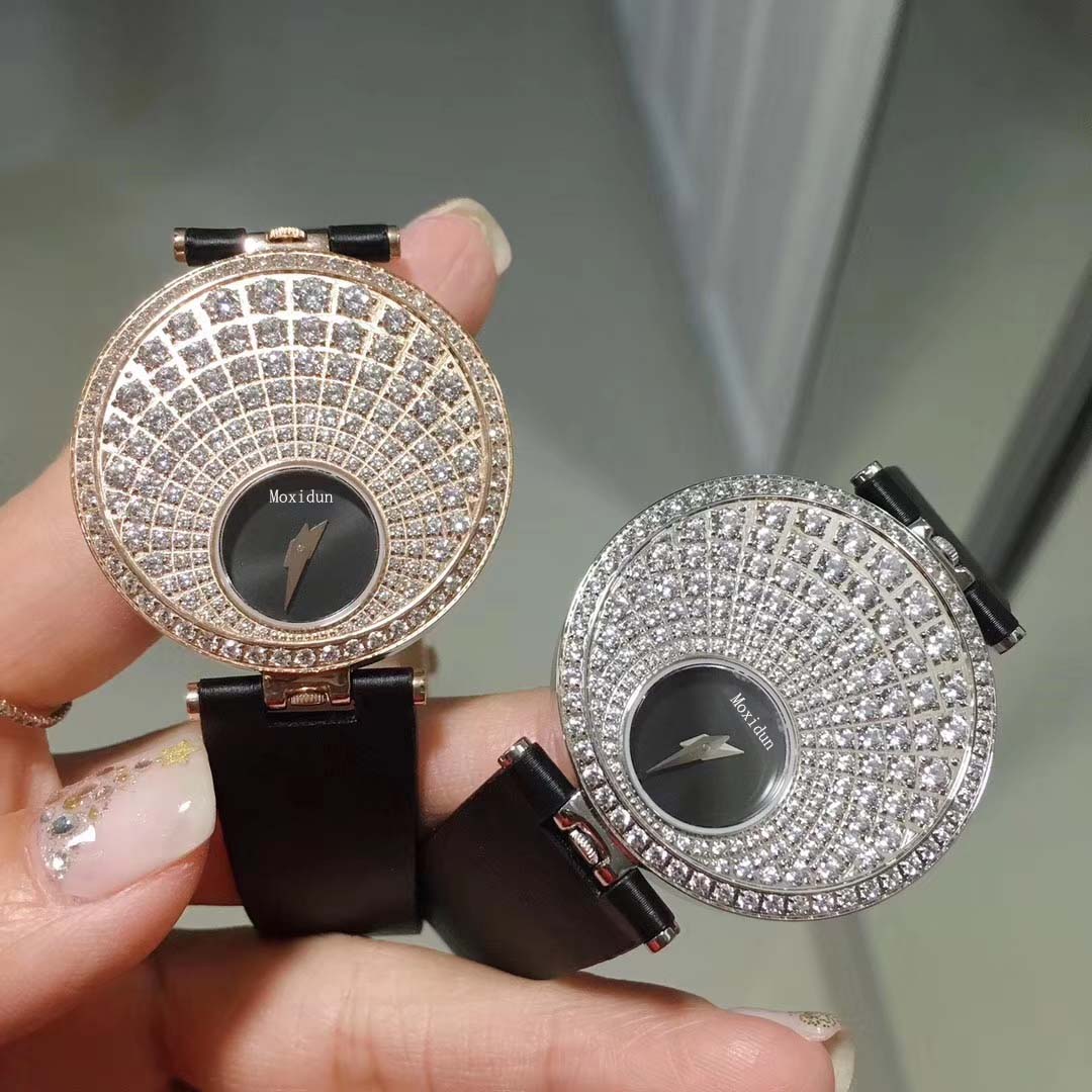 luxury top brand Double sided turning Dial Black Genuine Leather bracelet 5A zircon round Dial Quartz Wrist women watch