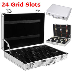 24 Grid Slots Aluminium Watch Box Display Case Jewelry Collection Casket Storage Organizer Wristwatch Suede Inside Box Holder