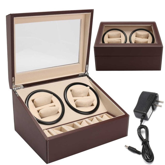 6+4 Automatic Watch Winder Box PU Leather Watch Winding Winder Storage Watch Box Collection Display Double Head Silent Motor Box