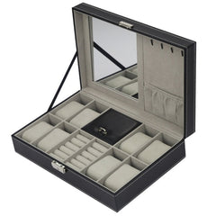 2/6/10/12 Girds Leather/Carbon Fiber Watch Box Jewelry Storage Box Organizer for Earrings Rings Bracelet Display Holder Case