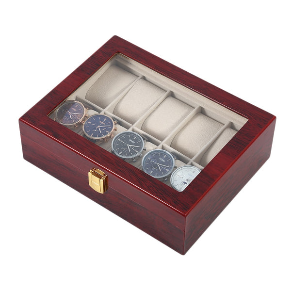 10 Grids Retro Red Wooden Watch Display Case Durable Packaging Holder Jewelry Collection Storage Watch Organizer Box Casket