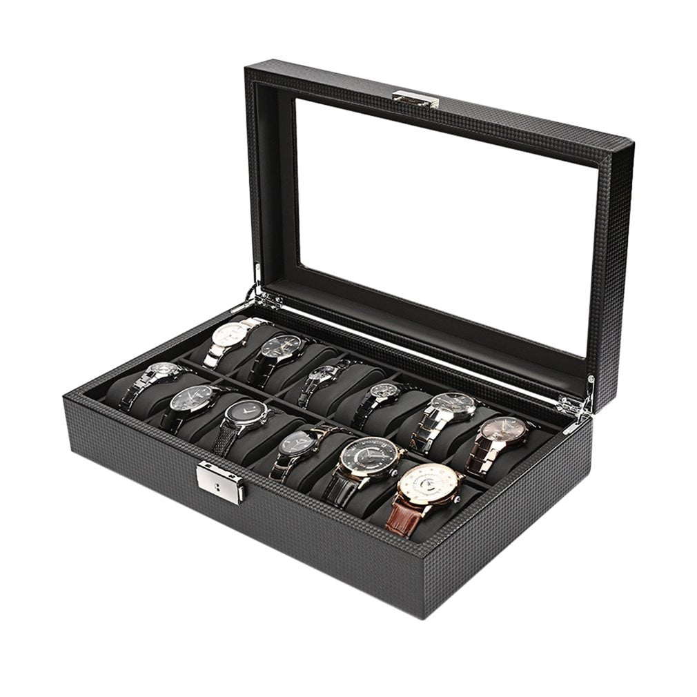 2/6/10/12 Girds Leather/Carbon Fiber Luxury Watch Box Jewelry Storage Box Organizer for Rings Bracelet Display Holder Case