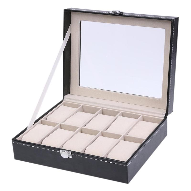 2019 Fashion 10 Grids PU Leather Watch Boxes Storage Organizer Box Luxury Jewelry Ring Display Watch Case Black Display Case Box