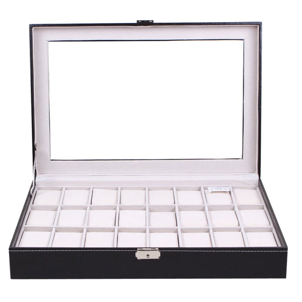 24 Grids PU Leather Watch Box Black Jewelry Storage Case Organizer Classical Holder Foam Pad Pillow Transparent Glass