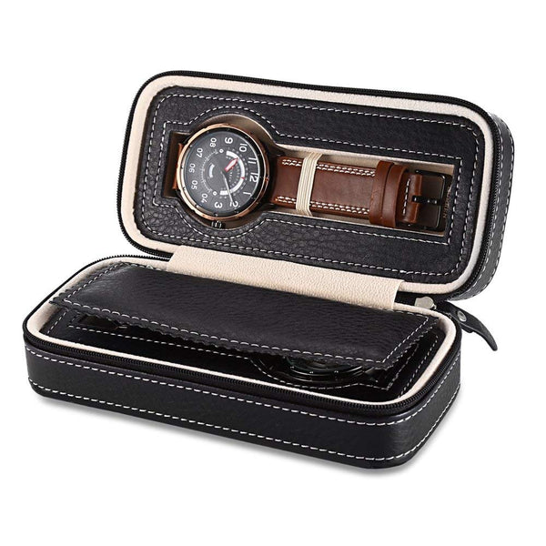 2 Grids PU Leather Travel Watch Storage Case Zipper Wristwatch Box Organizer